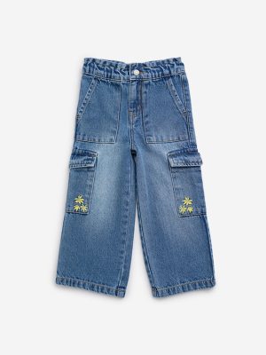 HOP Kids Blue Cargo-Style Relaxed-Fit Mid-Rise Jeans
