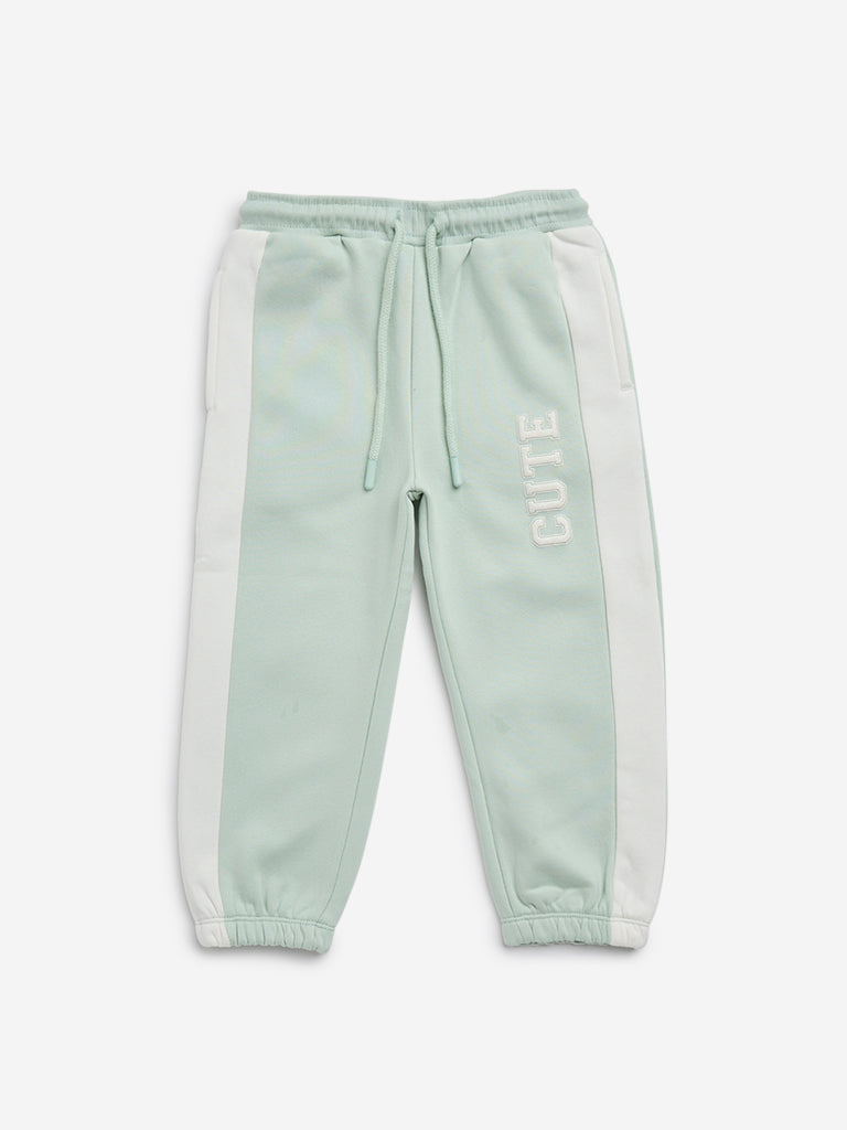 HOP Kids Sage Text Embroidered Mid-Rise Cotton-Blend Joggers