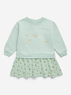 HOP Kids Mint Floral Design Cotton-Blend A-Line Dress