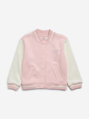 HOP Kids Pink Text Design Cotton-Blend Varsity Jacket