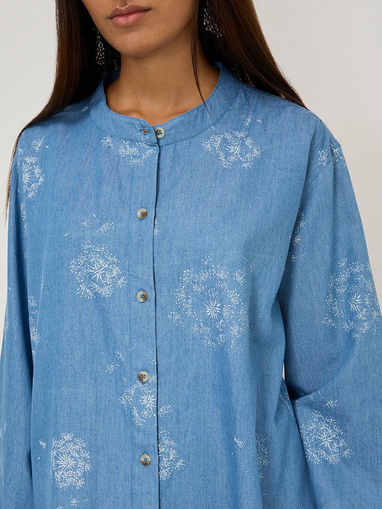 Utsa Blue Floral Printed Denim Tunic - Image 2