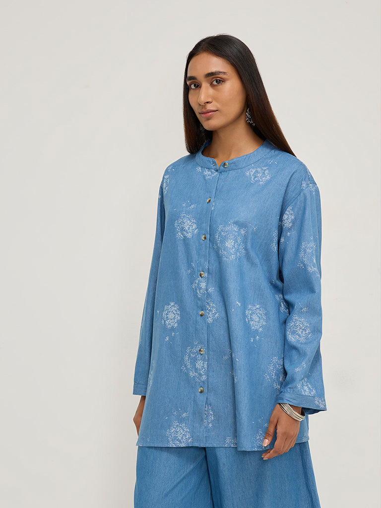 Utsa Blue Floral Printed Denim Tunic - Image 3