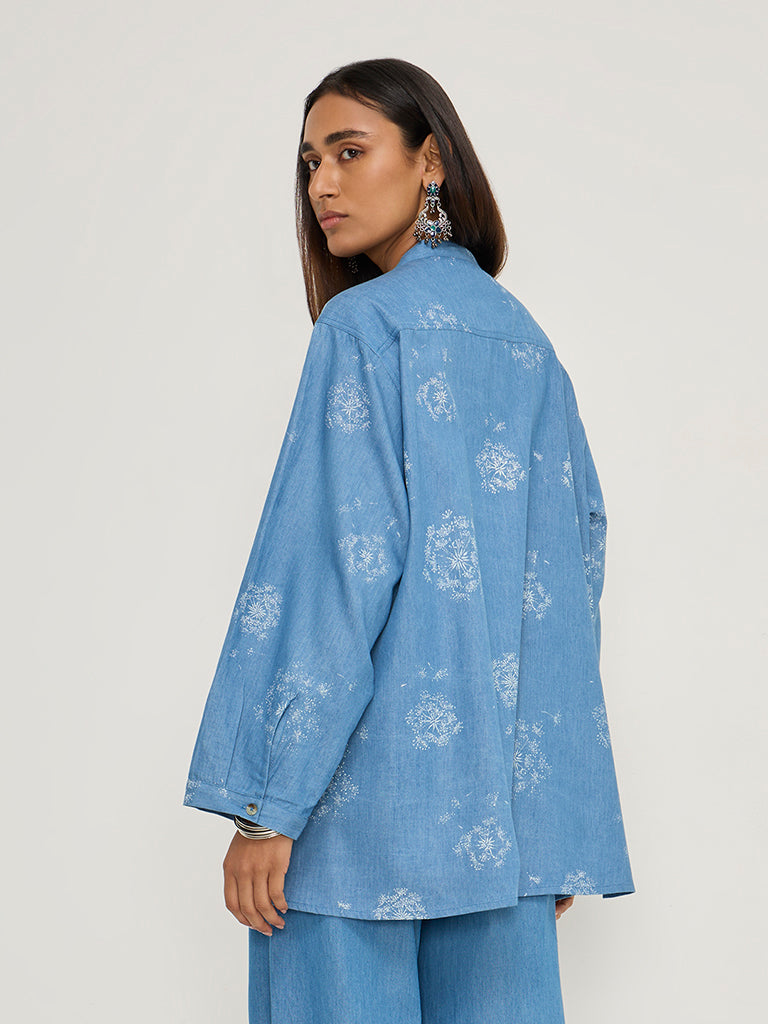 Utsa Blue Floral Printed Denim Tunic - Image 4