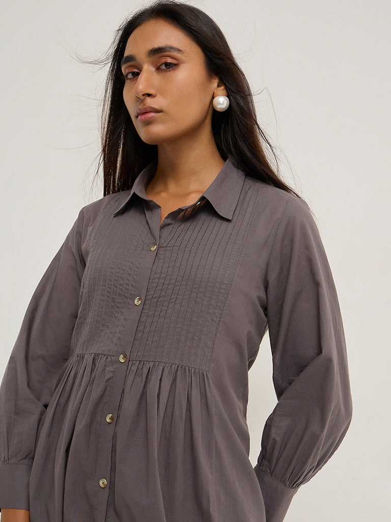 Utsa Charcoal Pintuck Design Cotton Shirt Dress - Image 3