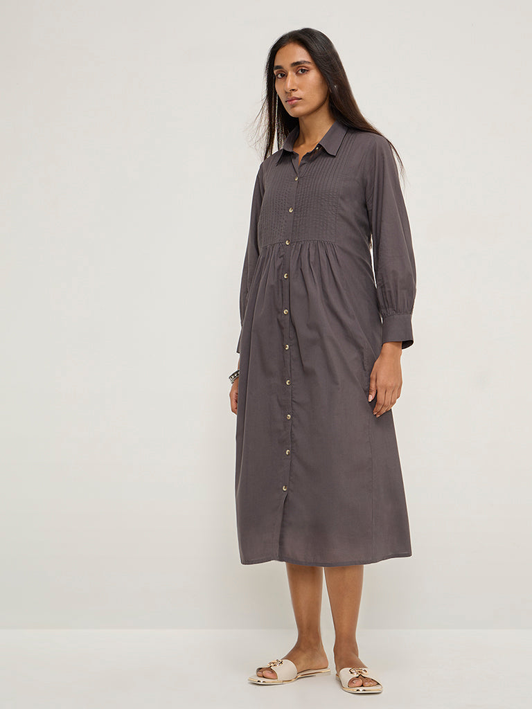 Utsa Charcoal Pintuck Design Cotton Shirt Dress - Image 4