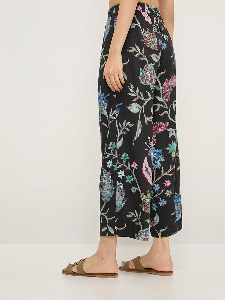 Utsa Black Botanical Design High-Rise Ethnic Pants - Image 2