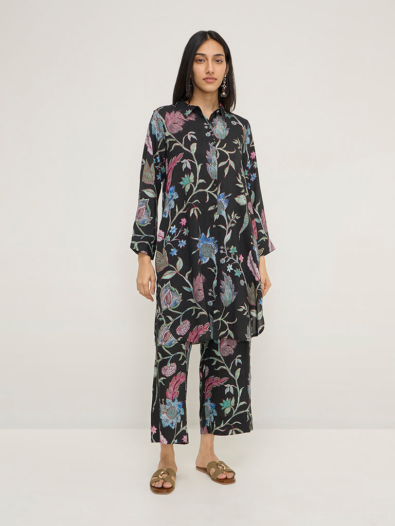 Utsa Black Botanical Design High-Rise Ethnic Pants - Image 3