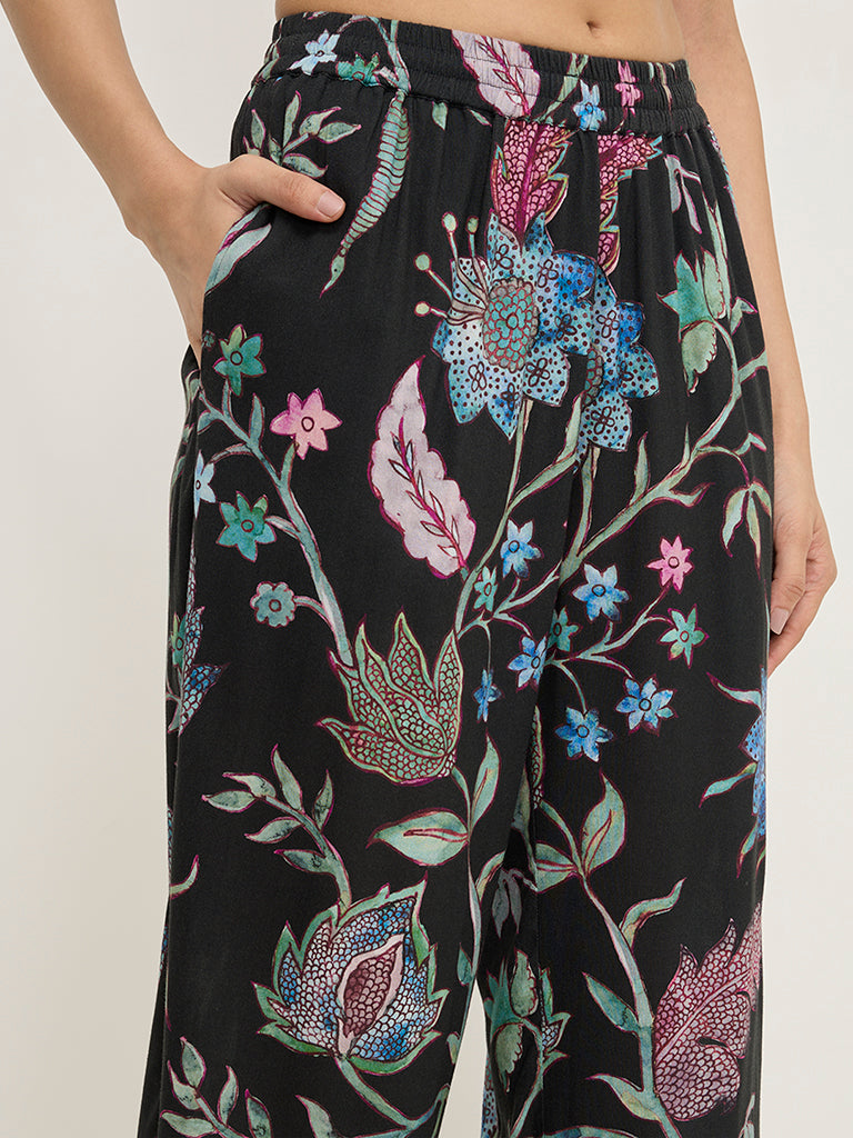 Utsa Black Botanical Design High-Rise Ethnic Pants - Image 4