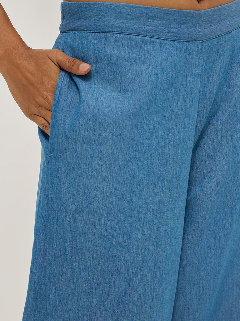 Utsa Blue Solid Denim Palazzos - Image 5