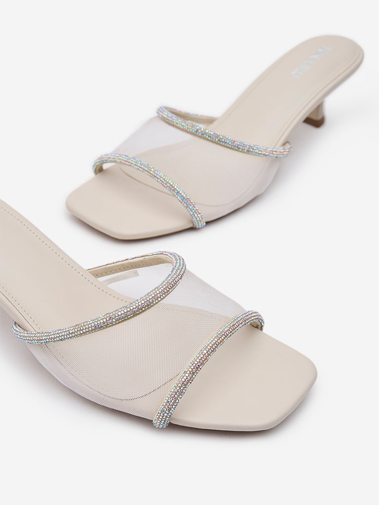 LUNA BLU Ivory Diamante Embellished Kitten Heel Sandals - Image 3