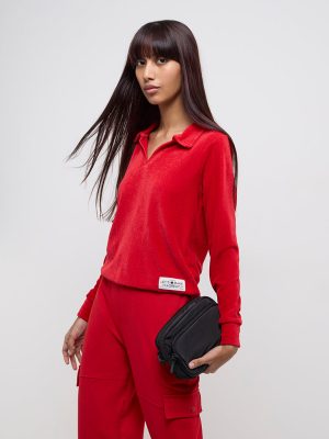 Studiofit Red Ribbed Textured Cotton-Blend T-Shirt