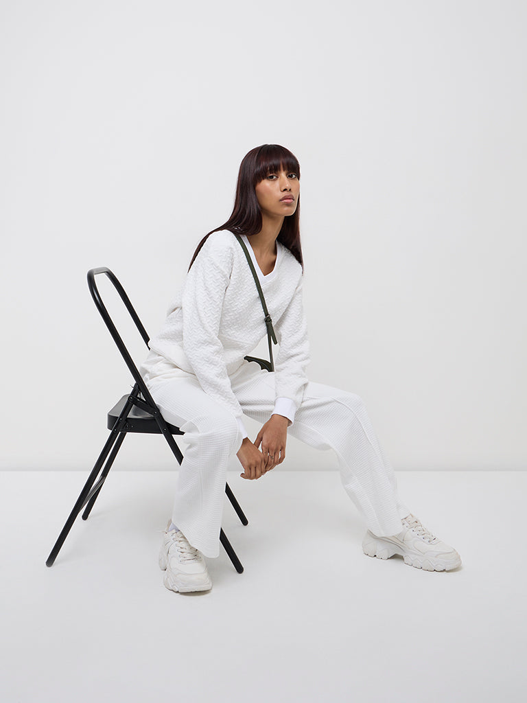 Studiofit White Self-Textured Cotton Sweatshirt - Image 4