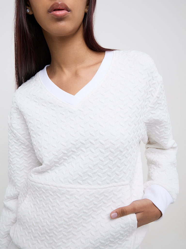 Studiofit White Self-Textured Cotton Sweatshirt - Image 3