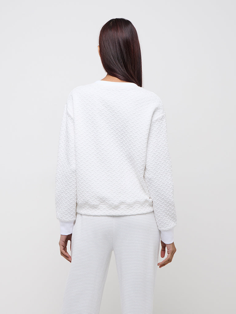 Studiofit White Self-Textured Cotton Sweatshirt - Image 5
