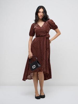 LOV Brown Paisley Design Velveteen Wrap Dress