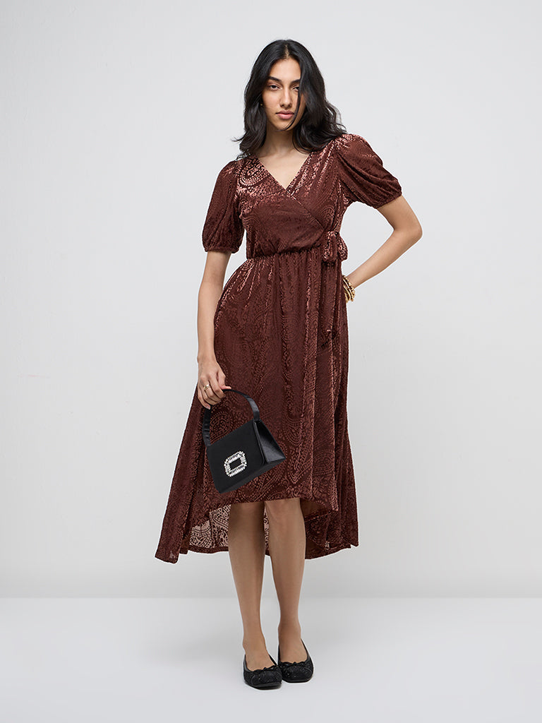 LOV Brown Paisley Design Velveteen Wrap Dress