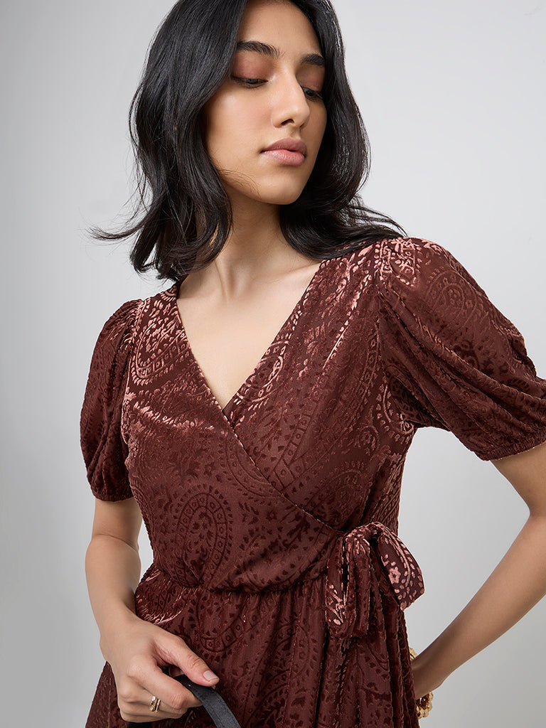 LOV Brown Paisley Design Velveteen Wrap Dress - Image 2