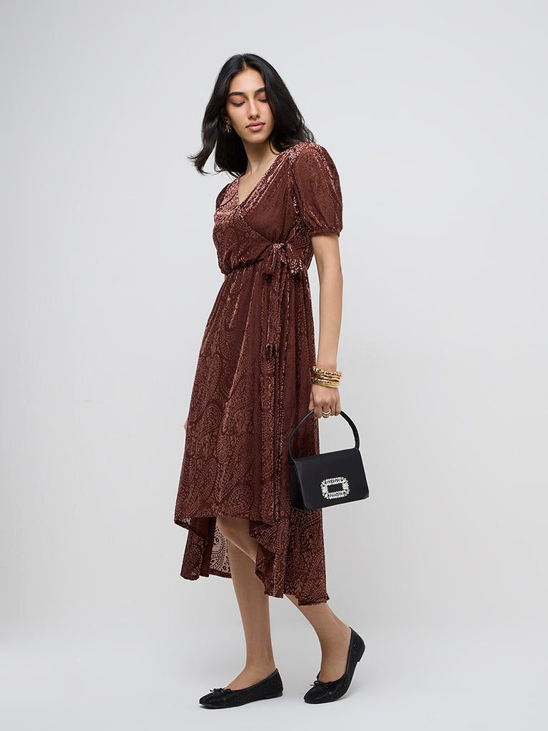 LOV Brown Paisley Design Velveteen Wrap Dress - Image 3