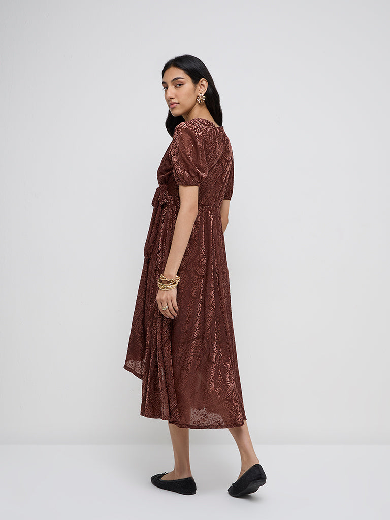 LOV Brown Paisley Design Velveteen Wrap Dress - Image 4