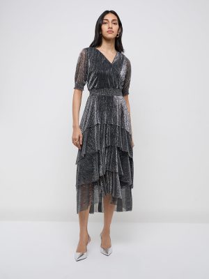 LOV Black Shimmer-Detailed Tiered Dress