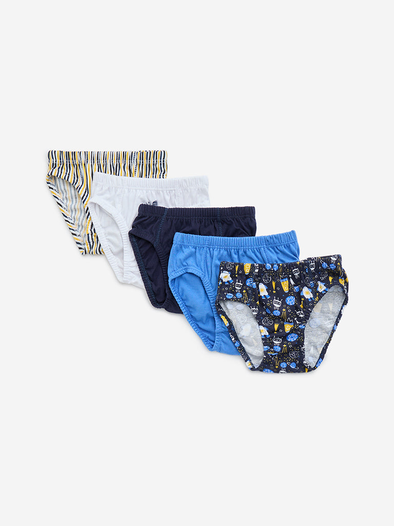 HOP Kids Blue Printed Cotton Briefs - Pack of 5