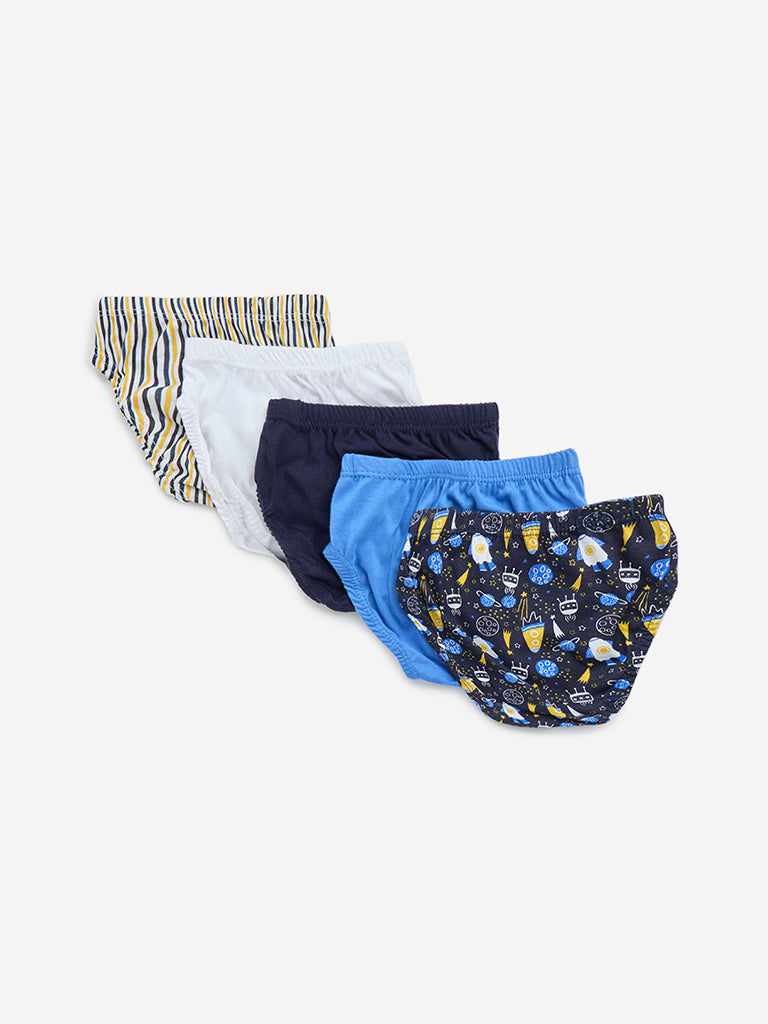 HOP Kids Blue Printed Cotton Briefs - Pack of 5 - Image 2