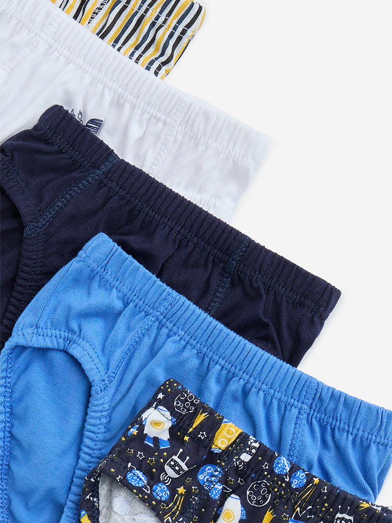 HOP Kids Blue Printed Cotton Briefs - Pack of 5 - Image 3
