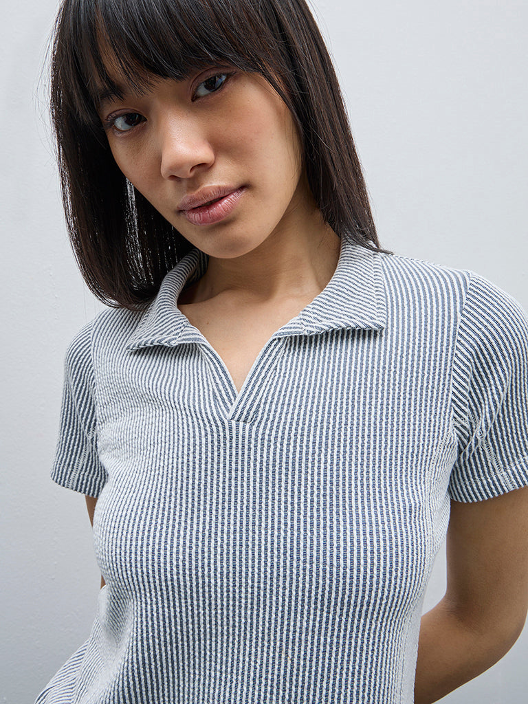 Studiofit Blue Striped Cotton Polo T-Shirt - Image 2