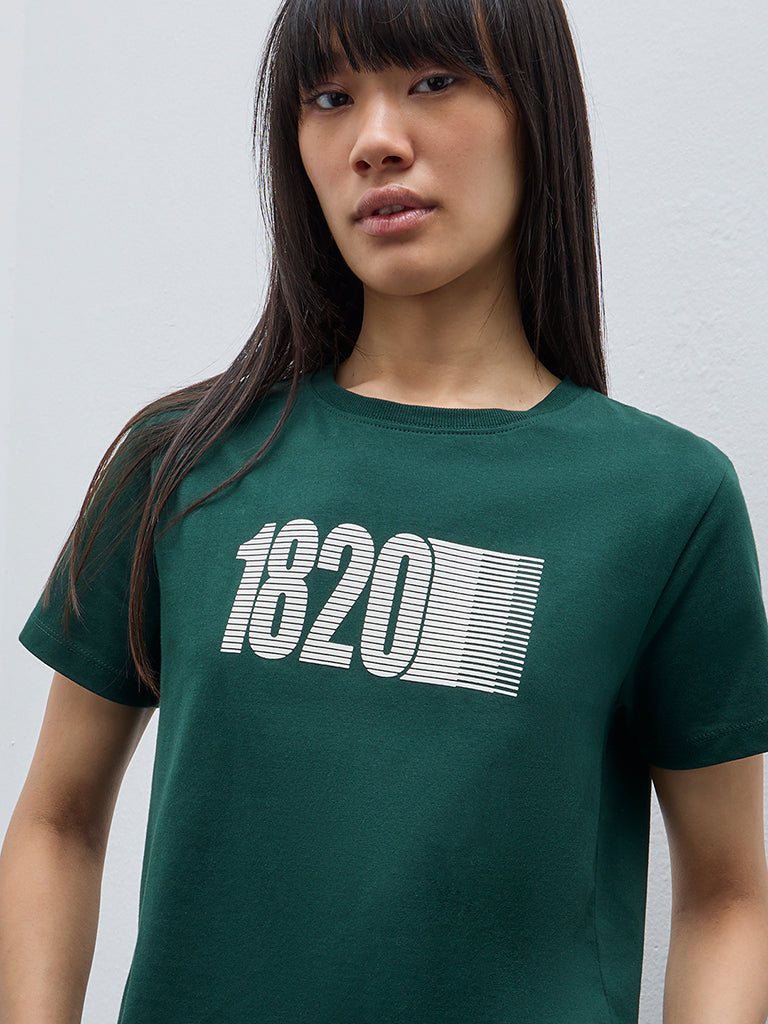 Studiofit Dark Green Printed Cotton T-Shirt - Image 2