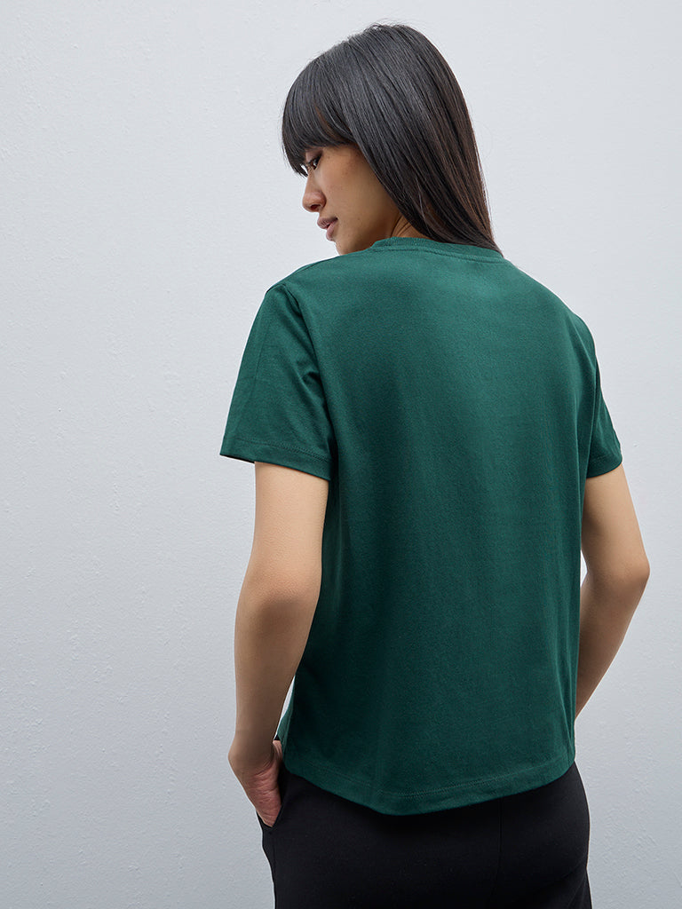 Studiofit Dark Green Printed Cotton T-Shirt - Image 4