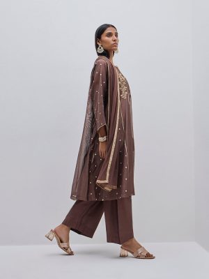 Vark Brown A-Line Kurta. Inner. Pants and Dupatta Set