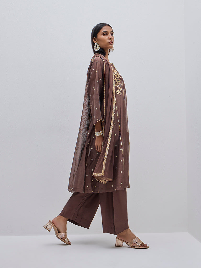 Vark Brown A-Line Kurta. Inner. Pants and Dupatta Set