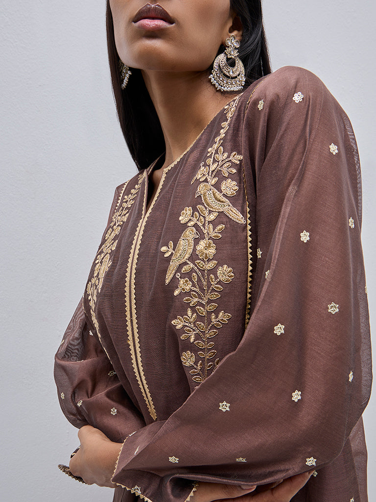 Vark Brown A-Line Kurta. Inner. Pants and Dupatta Set - Image 3