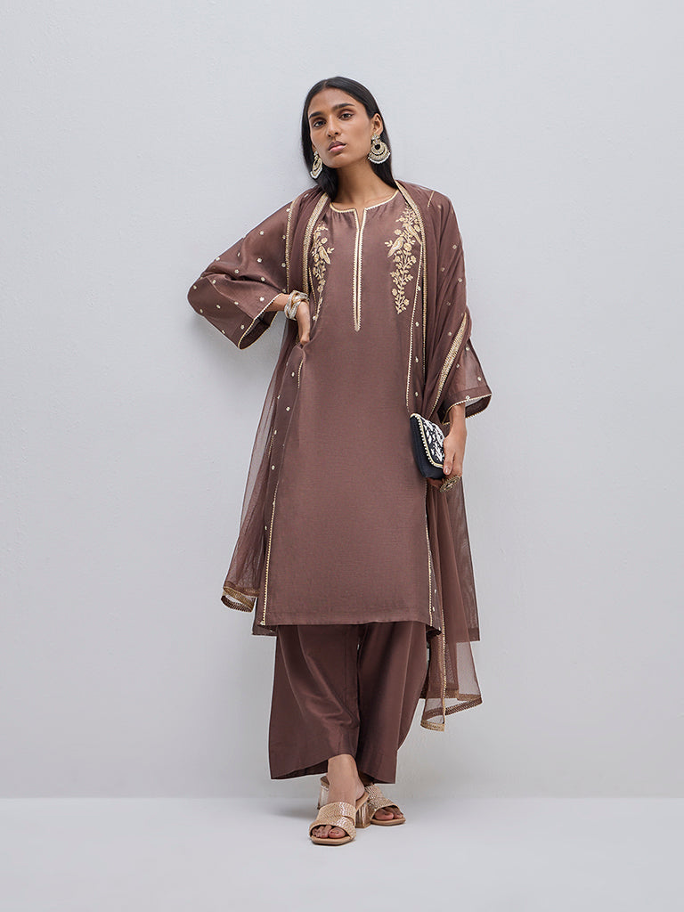 Vark Brown A-Line Kurta. Inner. Pants and Dupatta Set - Image 4