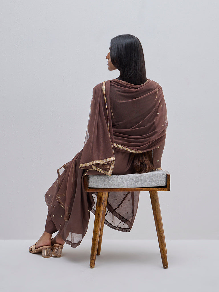 Vark Brown A-Line Kurta. Inner. Pants and Dupatta Set - Image 5