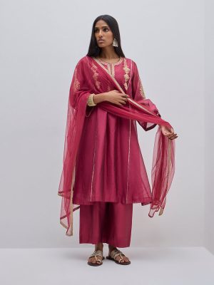 Vark Magenta A-Line Kurta. Inner. Pants and Dupatta Set