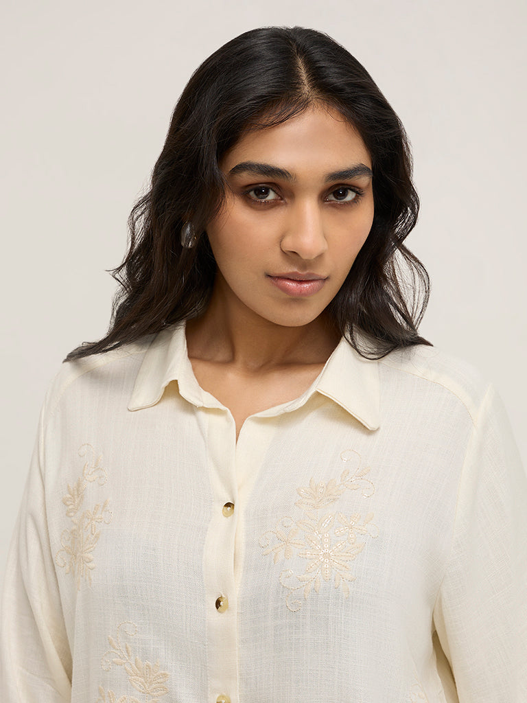 Gia Off-White Floral Embroidered Shirt - Image 2