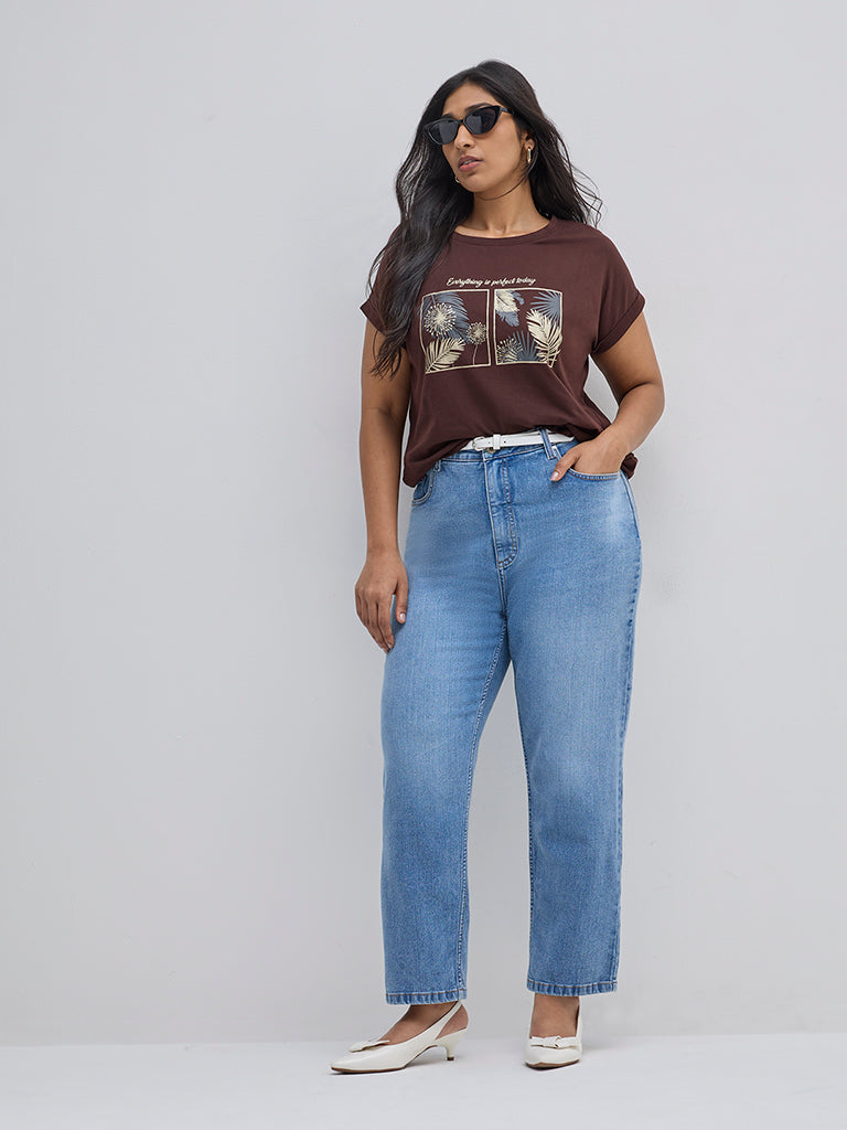 Gia Brown Leaf Printed Cotton T-Shirt - Image 3