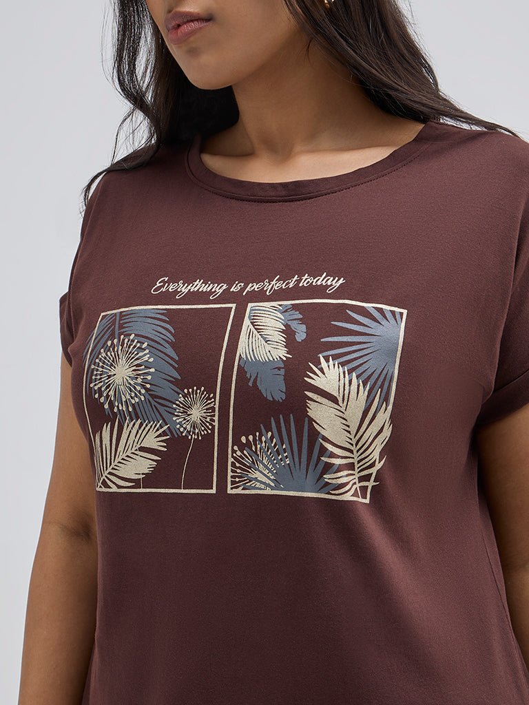 Gia Brown Leaf Printed Cotton T-Shirt - Image 2