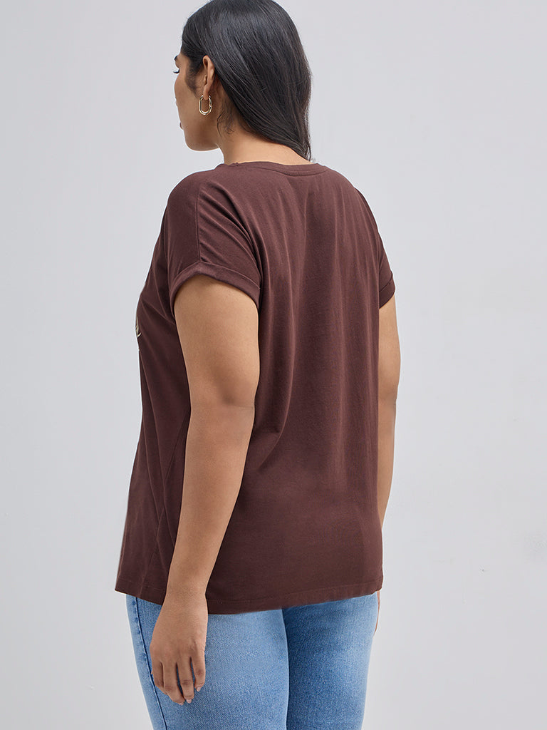 Gia Brown Leaf Printed Cotton T-Shirt - Image 4