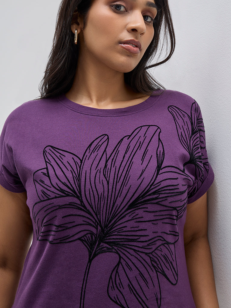 Gia Purple Floral Design Cotton T-Shirt - Image 2