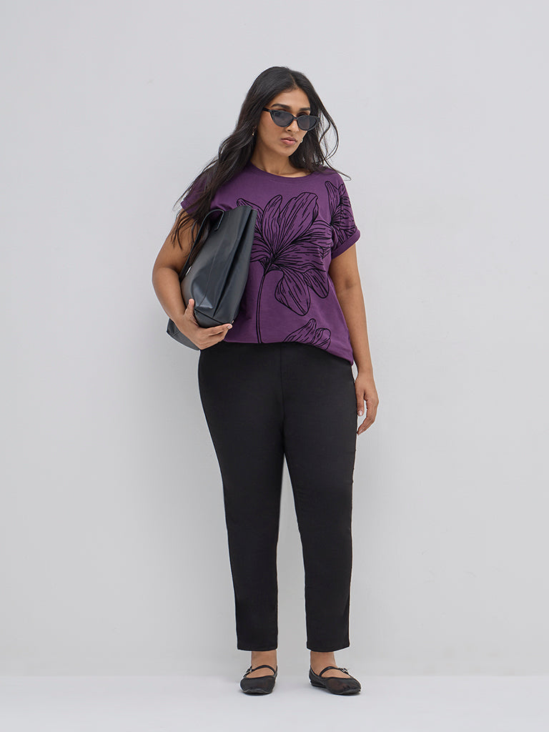 Gia Purple Floral Design Cotton T-Shirt - Image 3