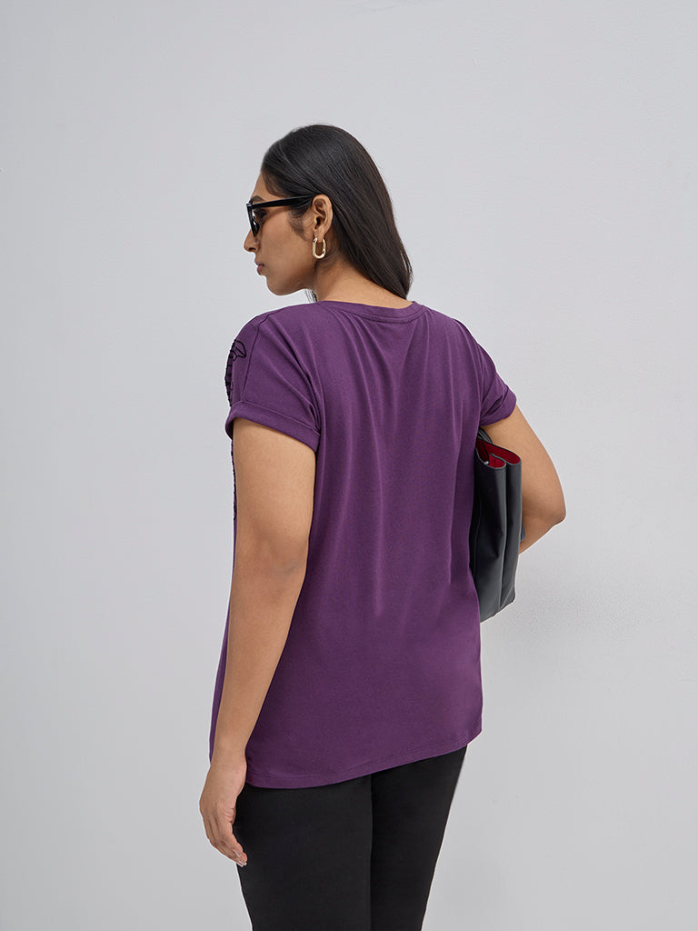 Gia Purple Floral Design Cotton T-Shirt - Image 4