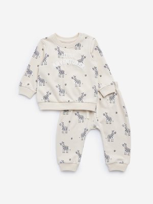 HOP Baby Off-White Printed Cotton Sweatshirt & Joggers Set