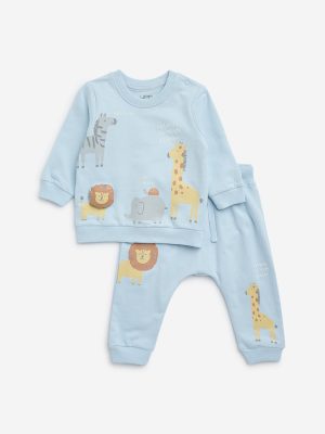 HOP Baby Light Blue Animal Printed Sweatshirt and Joggers Set