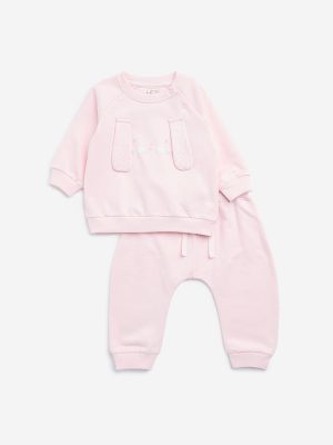 HOP Baby Pink Animal Design Cotton Sweatshirt with Pants Set