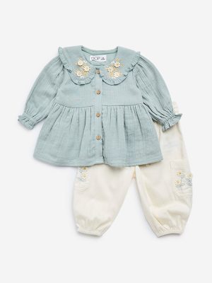 HOP Baby Sage Embroidered Cotton-Blend Top with Pants Set