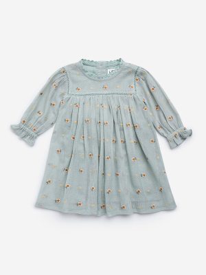 HOP Baby Green Floral Embroidered Cotton-Blend A-Line Dress