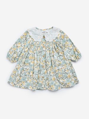 HOP Baby Green Floral Print Fit-and-Flare Cotton Dress