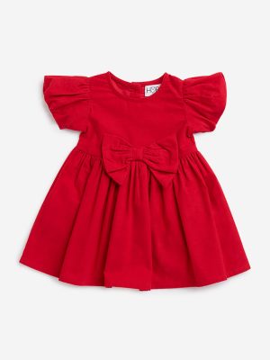 HOP Baby Red Bow-Detailed Fit-and-Flare Cotton Dress